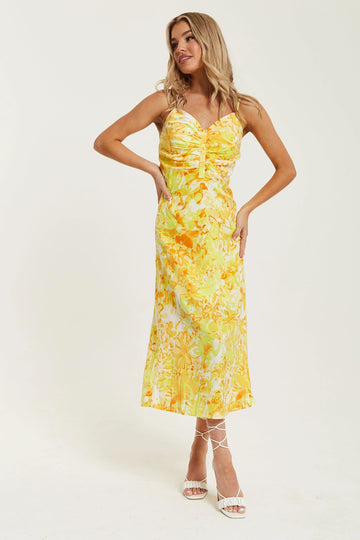 Yellow And Orange Floral Print Ruched Maxi Dress Liquorish
